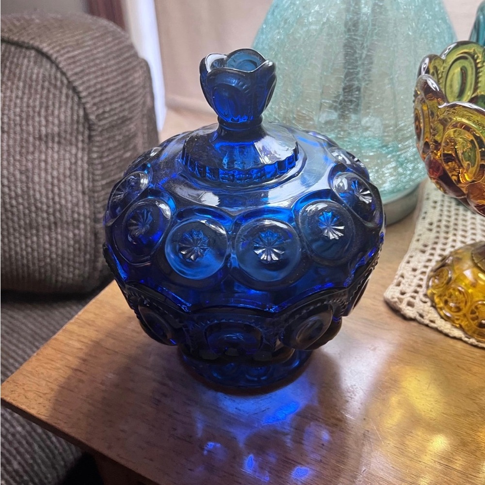 Moon and Stars Pattern Glass LE Smith COBALT BLUE Vintage Covered Candy Jar Dish